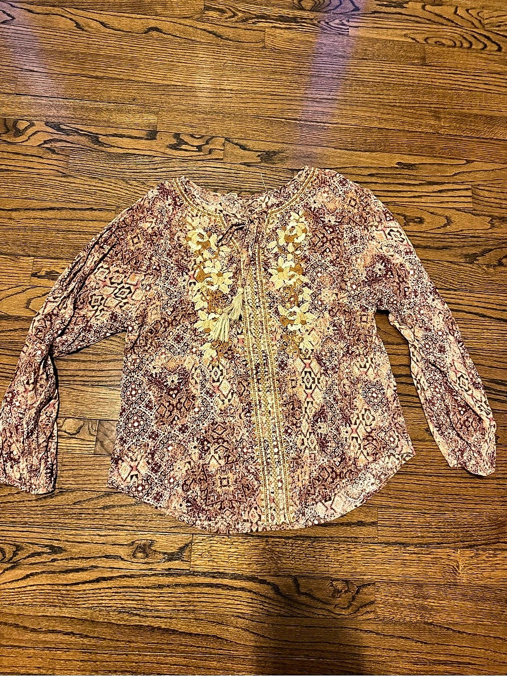 Geometric Embroidered Blouse in Brown & Pink Like New
